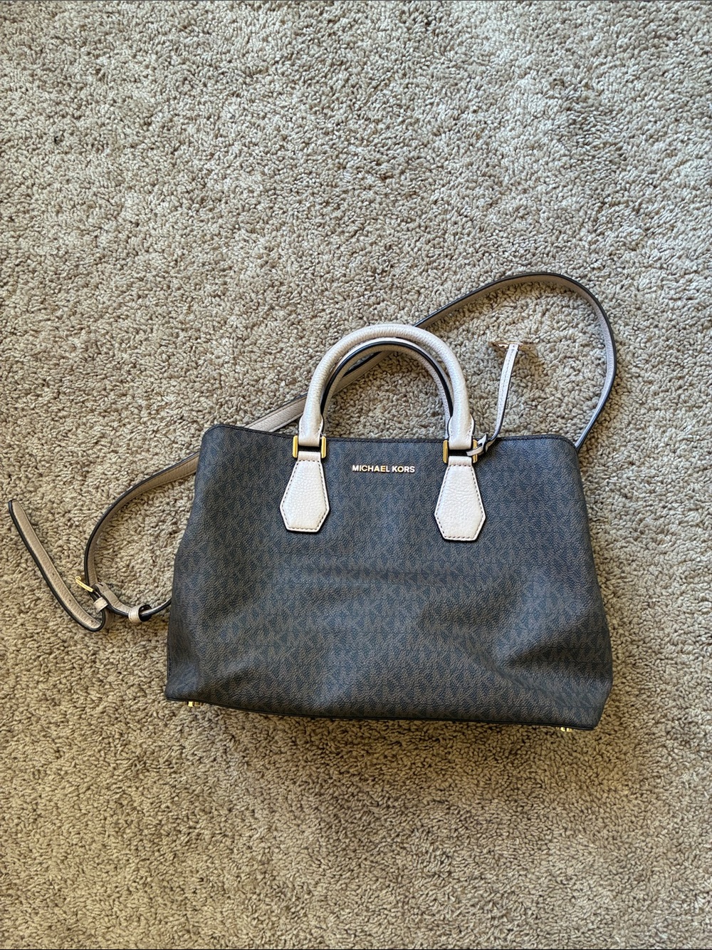 Michael Kors Dark Brown Signature Satchel with Cream Handles